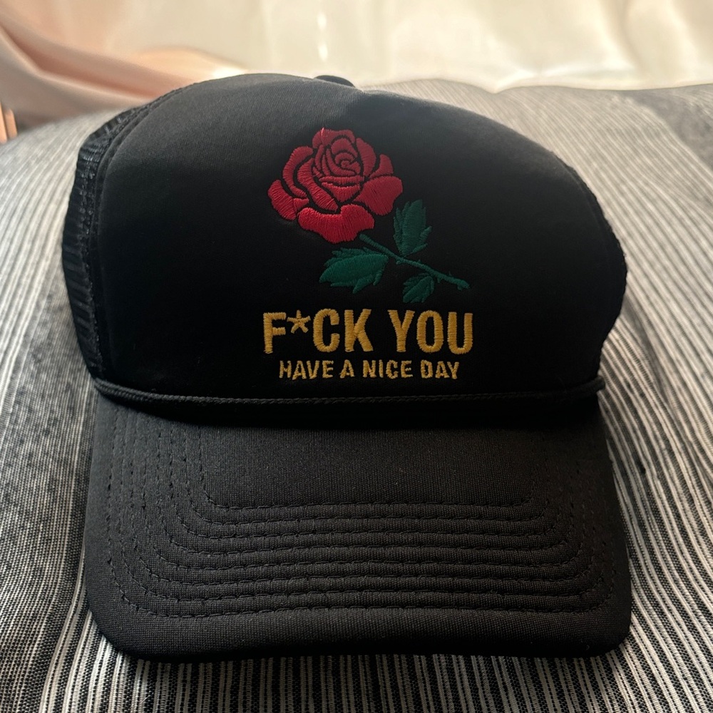 Black Trucker Hat with Red Rose Embroidery